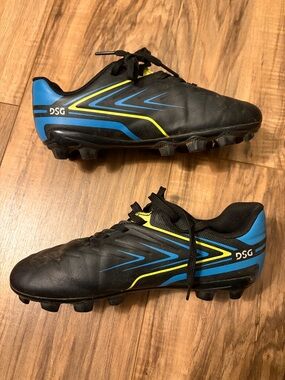 DSG Kids's Black Soccer Cleats with Blue & Yellow Accents